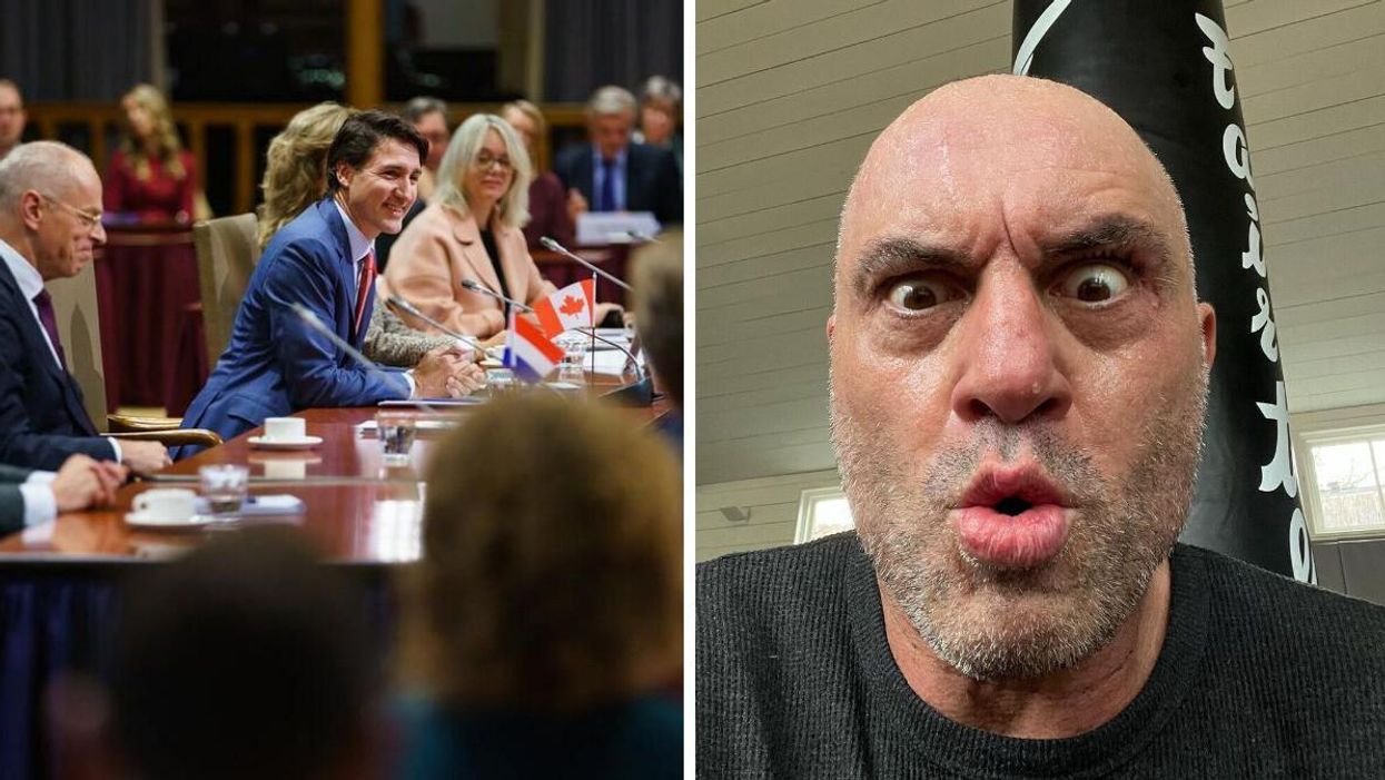 Justin Trudeau. Right: Joe Rogan.