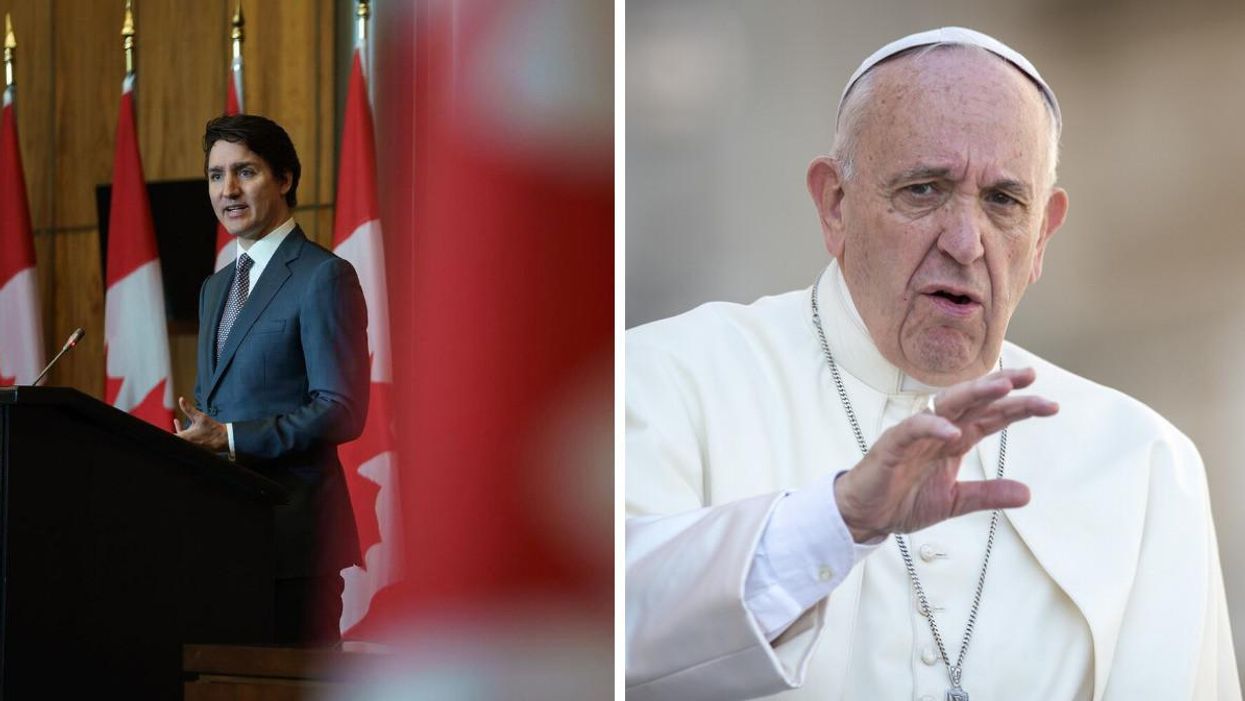 Justin Trudeau. Right: Pope Francis.