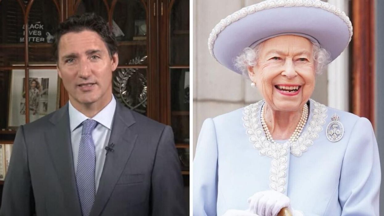Justin Trudeau. Right: Queen Elizabeth II.