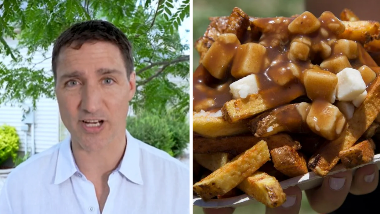 Justin Trudeau's famous haircut. Right: A big ol' sopping mess of poutine.