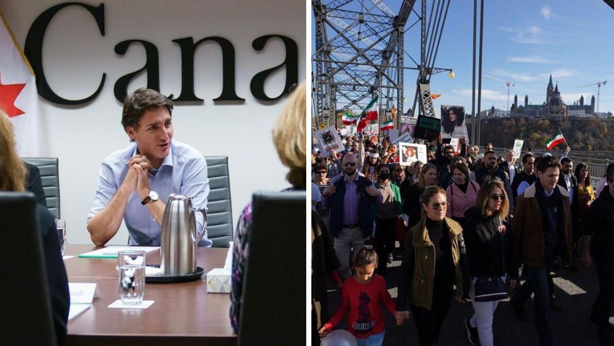 Justin Trudeau sitting at a table in front of a Canada sign. Right: The prime minister at a protest against Iran's human rights violations in Ottawa.