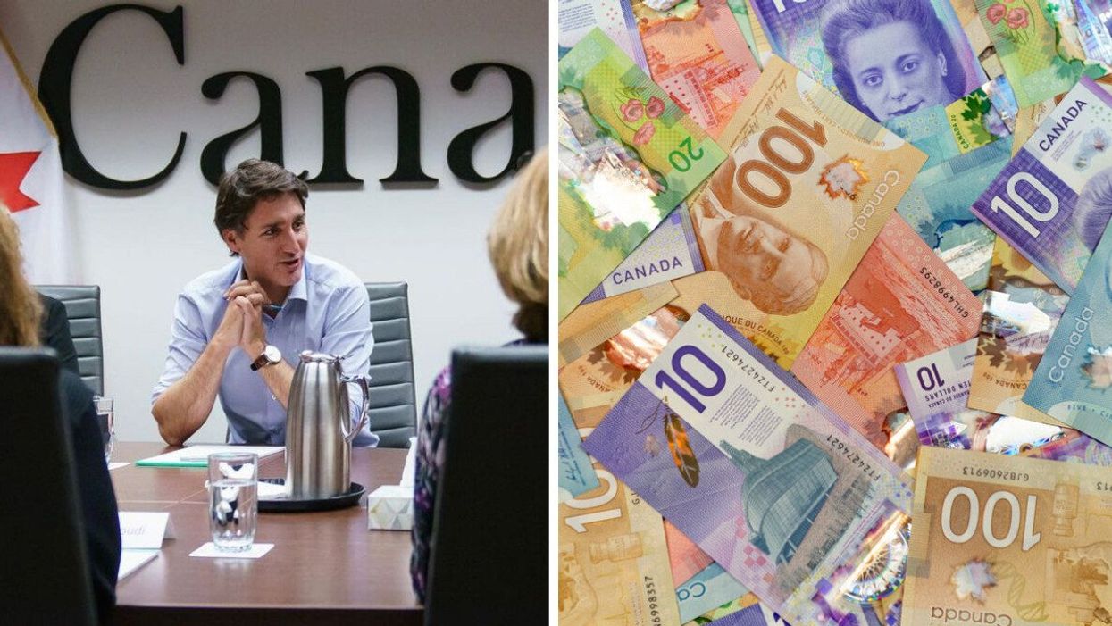 Justin Trudeau sitting at a table with a Canada sign behind him. Right: Pile of Canadian money.