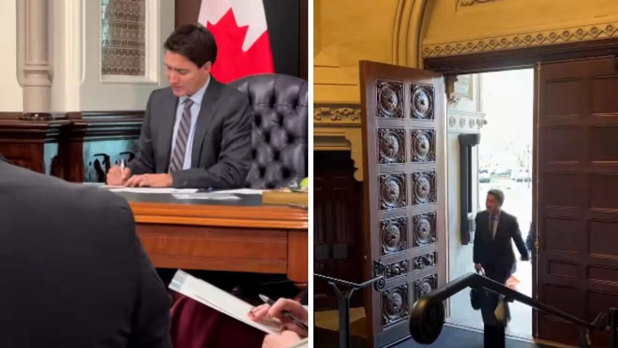 Justin Trudeau sitting at his desk in his office. Right: The prime minister walking into a building on Parliament Hill.