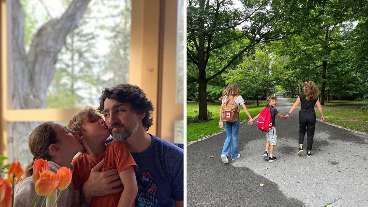 Justin Trudeau sitting with two of his children at home. Right: Sophie Grégoire Trudeau walking with two of her kids at their home.