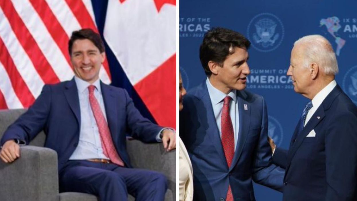 Justin Trudeau smiling while sitting on a chair. Right: Justin Trudeau and Joe Biden stare into each other's eyes.