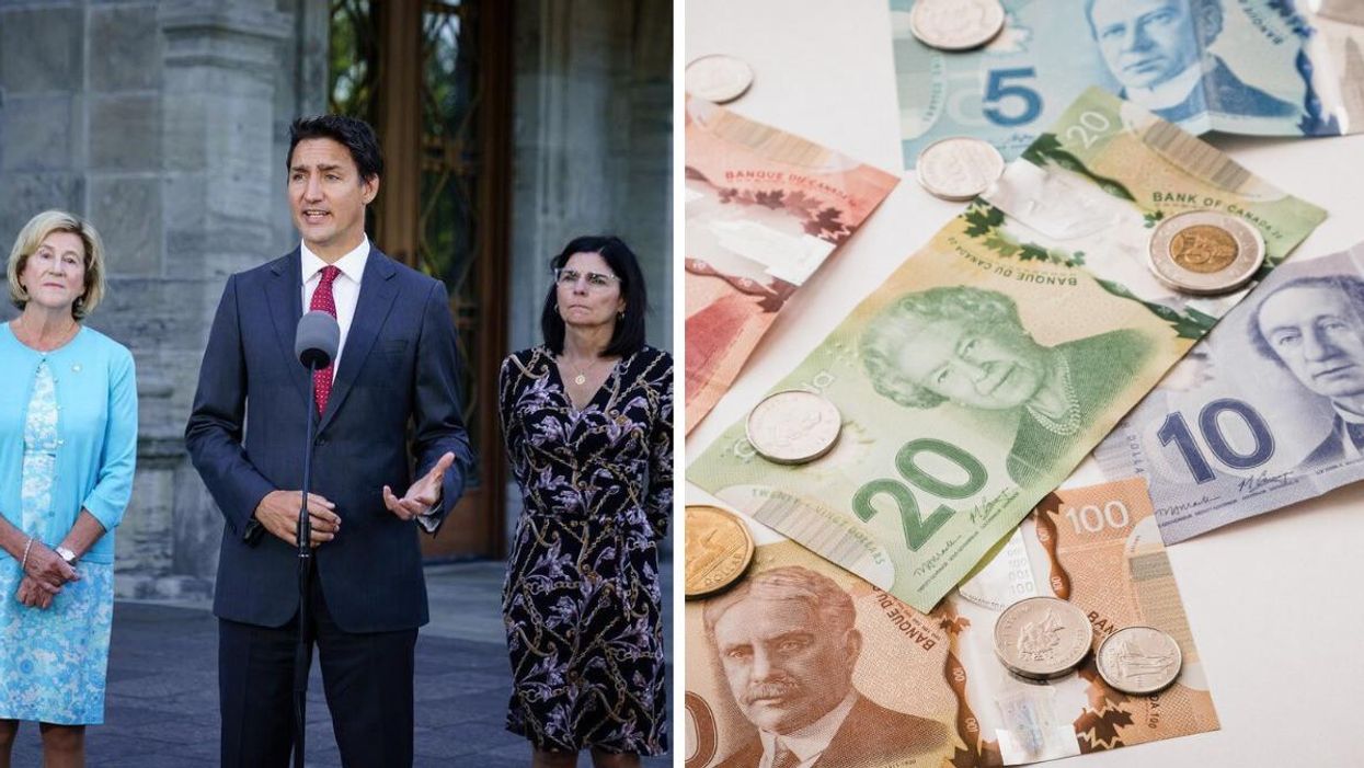 Justin Trudeau speaking outside of Rideau Hall in Ottawa. Right: Canadian money.