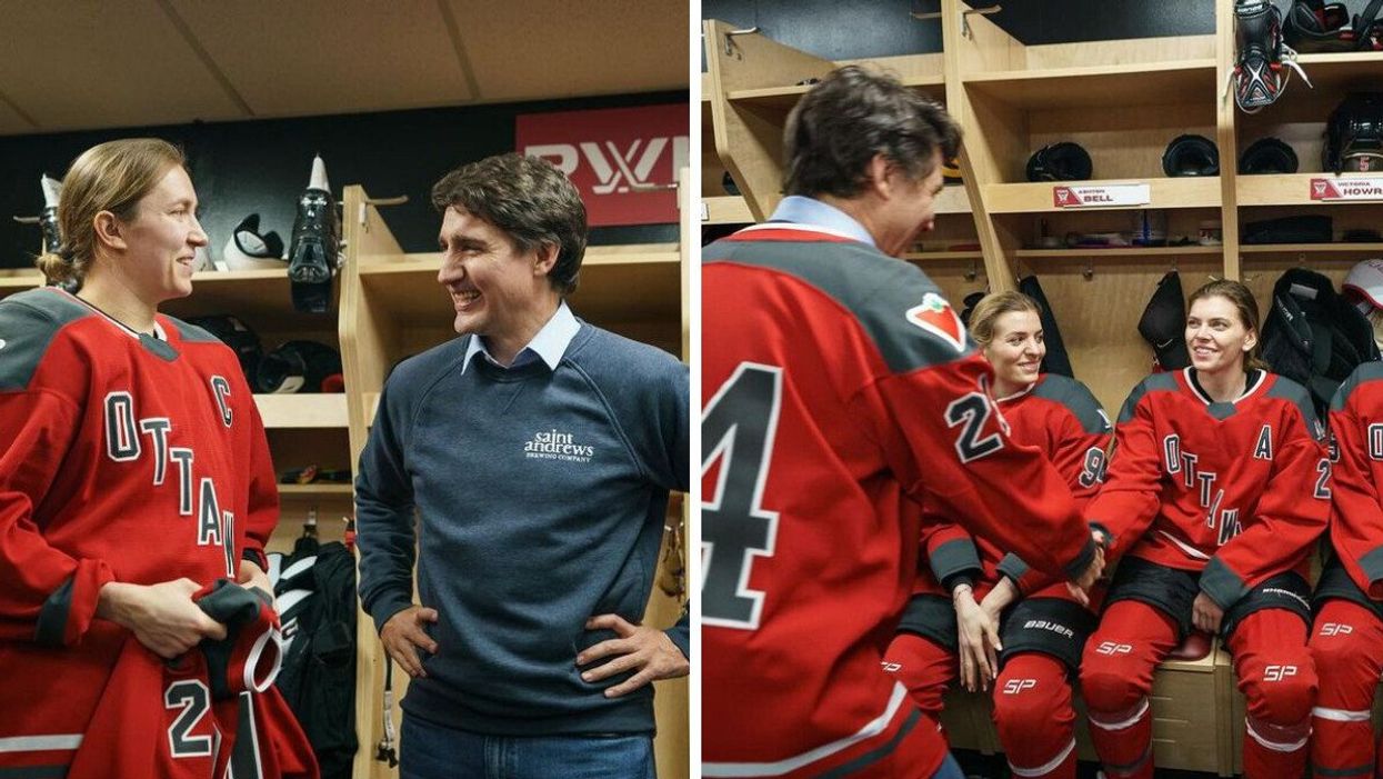 Justin Trudeau speaking with a hockey player with PWHL Ottawa. Right: Justin Trudeau shaking one of the players with PWHL Ottawa's hand.
