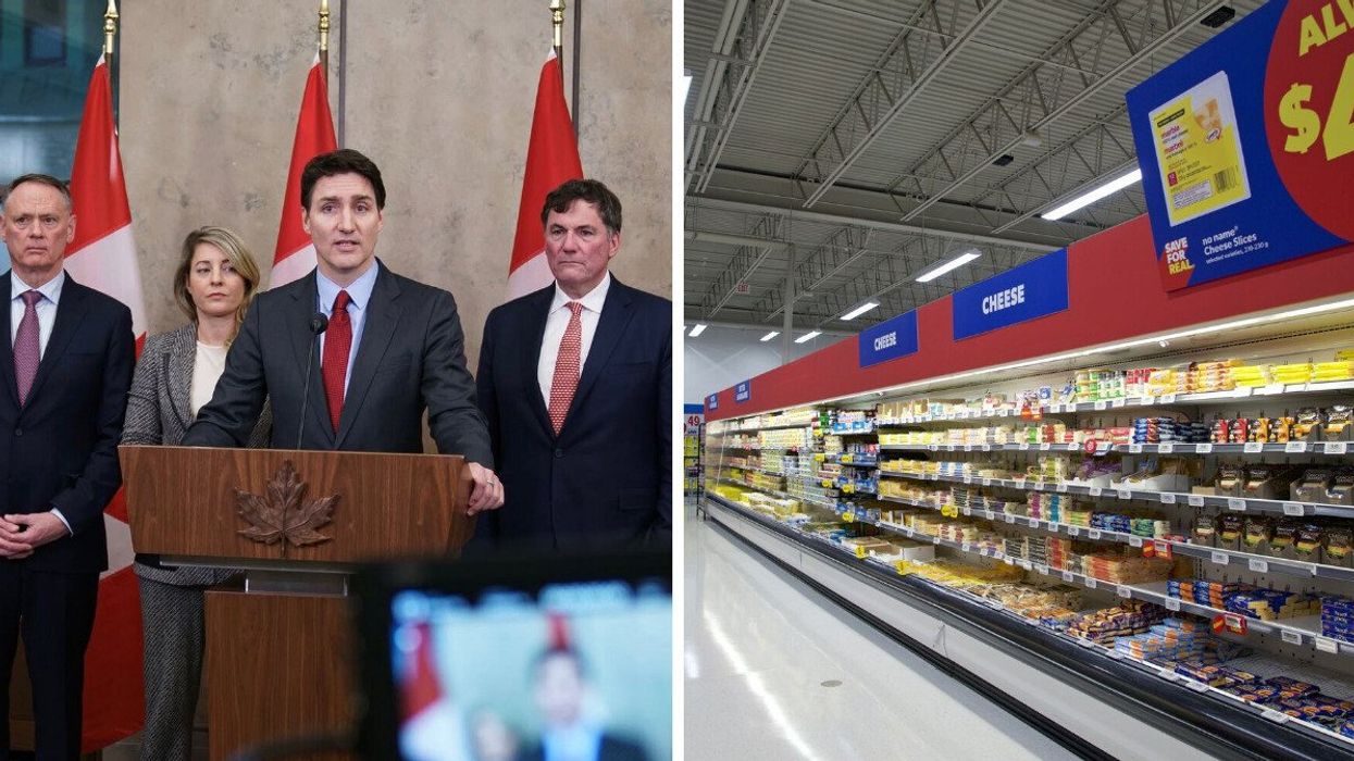 Justin Trudeau speaks from a podium. Right: Inside a Canadian supermarket.