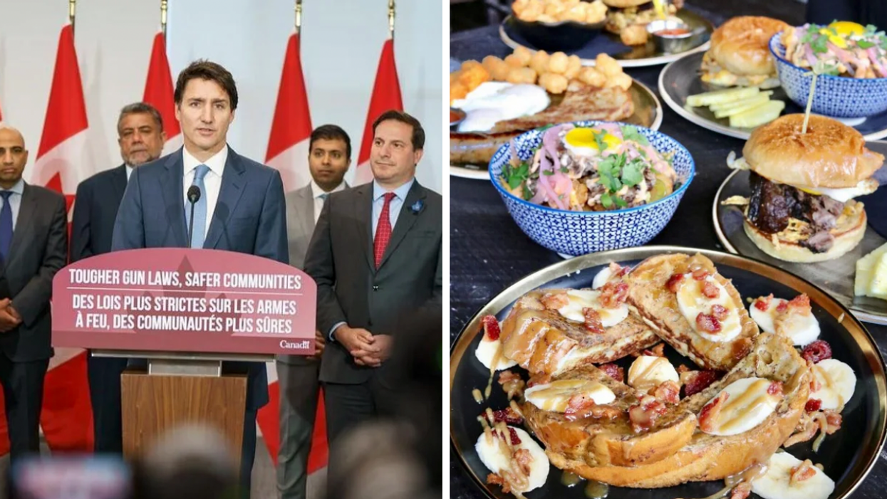 Justin Trudeau standing at a podium. Right: Tables full of southern brunch meals.