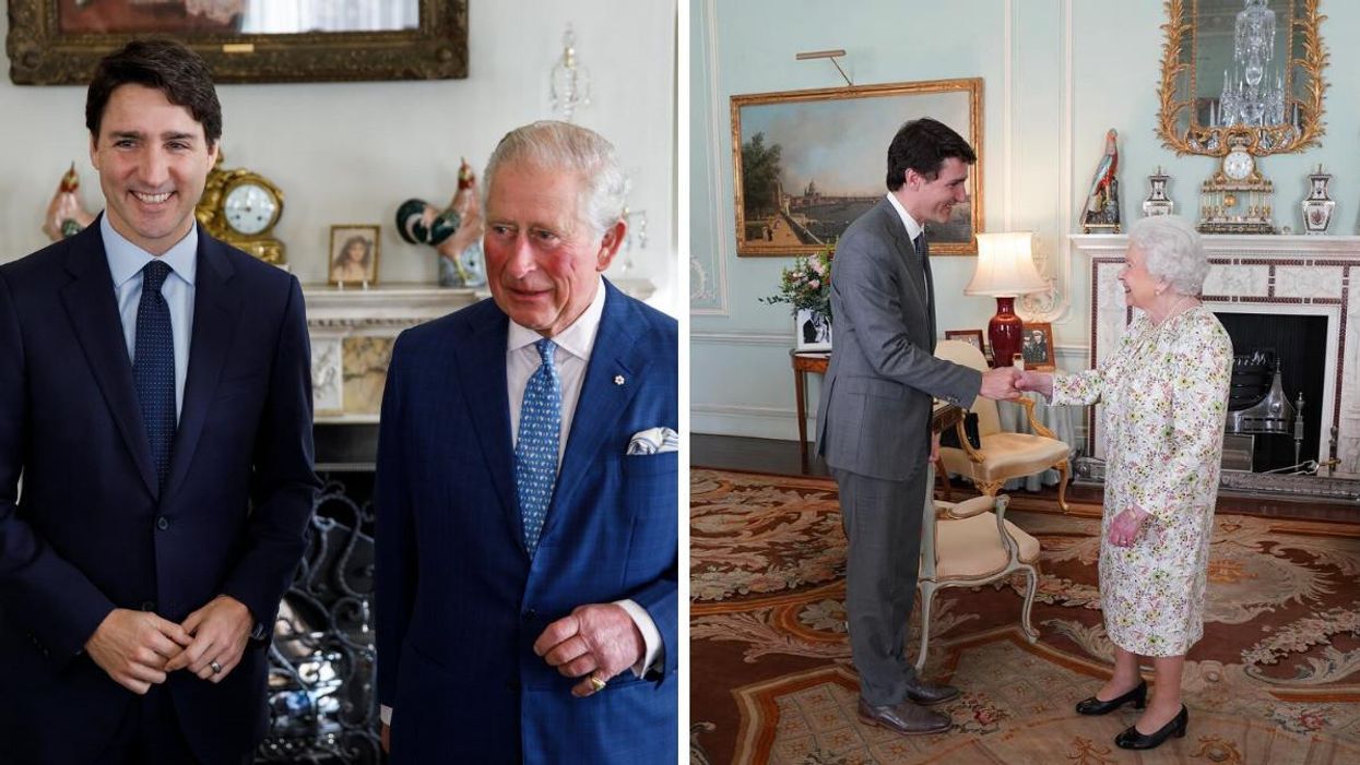 Justin Trudeau standing beside King Charles III, who was the Prince of Wales at the time. Right: Trudeau shaking hands with Queen Elizabeth II in 2018.