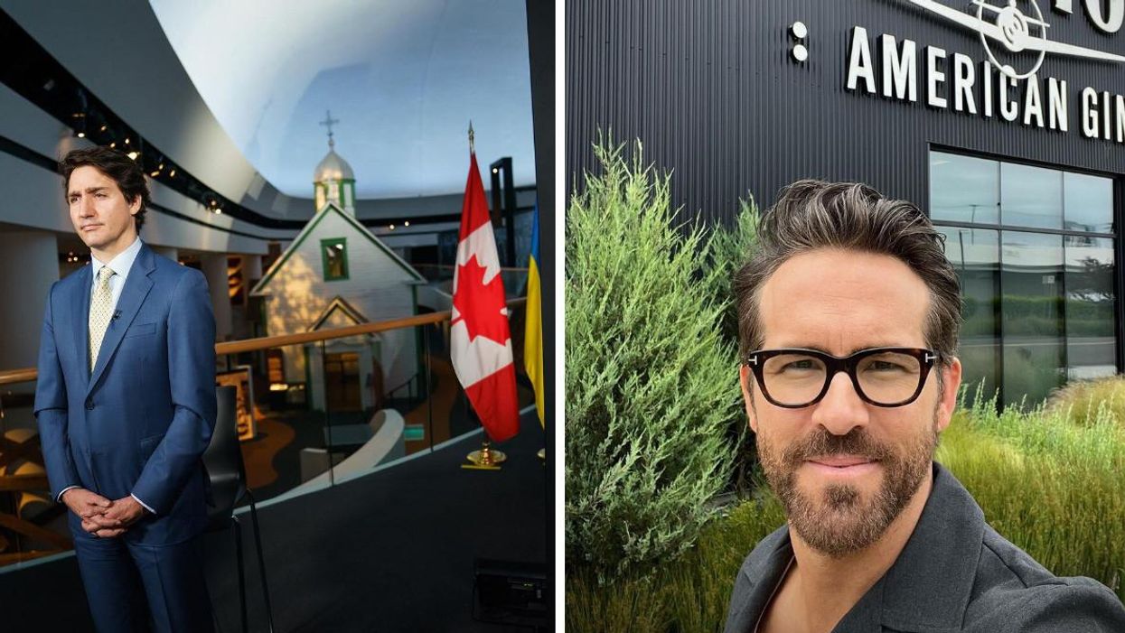Justin Trudeau standing in front of a Canadian flag. Right: Ryan Reynolds in front of an Aviation American Gin sign.
