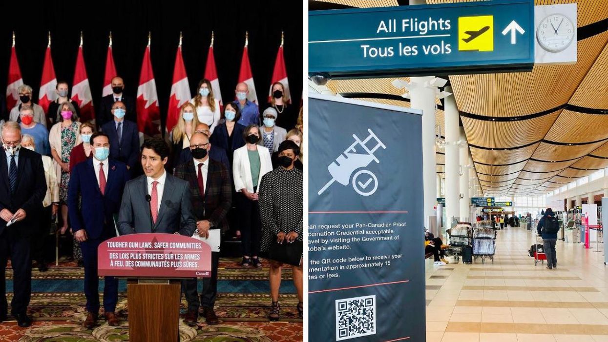 Justin Trudeau standing in front of Liberal MPs. Right: Sign about proof of vaccination for travel in the Winnipeg Airport.