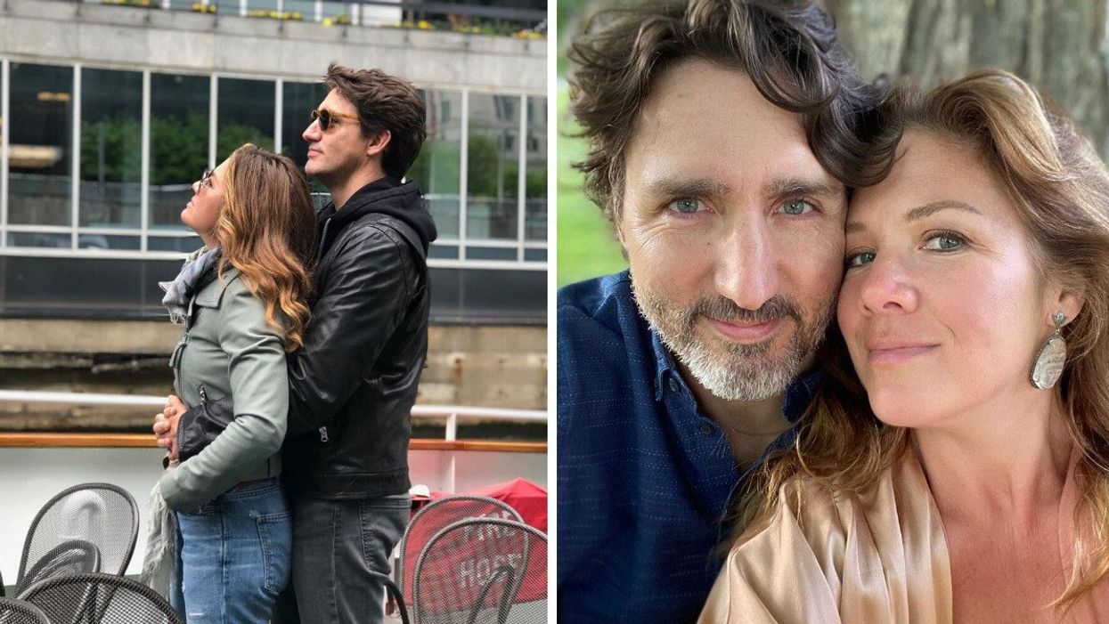 Justin Trudeau stands behind Sophie Grégoire Trudeau with his hands around her waist. Right: The couple smiles for a selfie.
