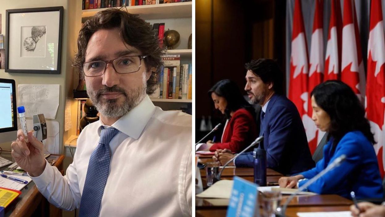 Justin Trudeau takes a selfie in his home office. Right: Justin Trudeau and Dr. Theresa Tam sit side-by-side during a press conference.