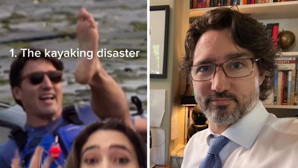 Justin Trudeau trying to kayak. Right: Justin Trudeau selfie.