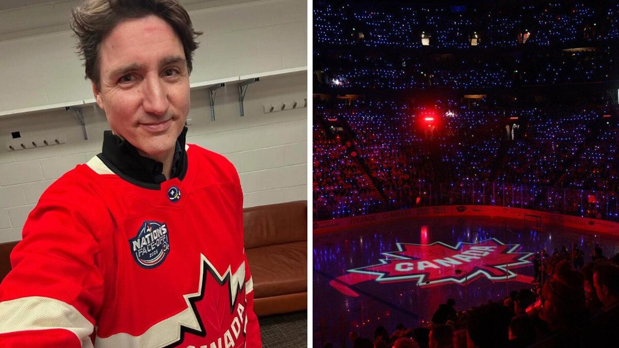 justin trudeau wearing a team canada 4 nations face-off hockey jersey. right: team canada logo on the ice at a 4 nations face-off game