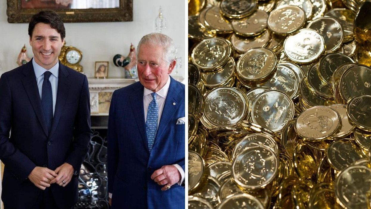 Justin Trudeau with King Charles. Right: Pile of Canadian coins.