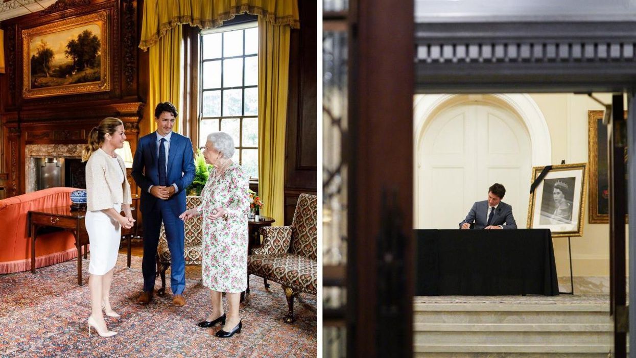 Justin Trudeau with Queen Elizabeth II and Sophie Grégoire Trudeau. Right: Trudeau signing a book of condolences for Queen Elizabeth.