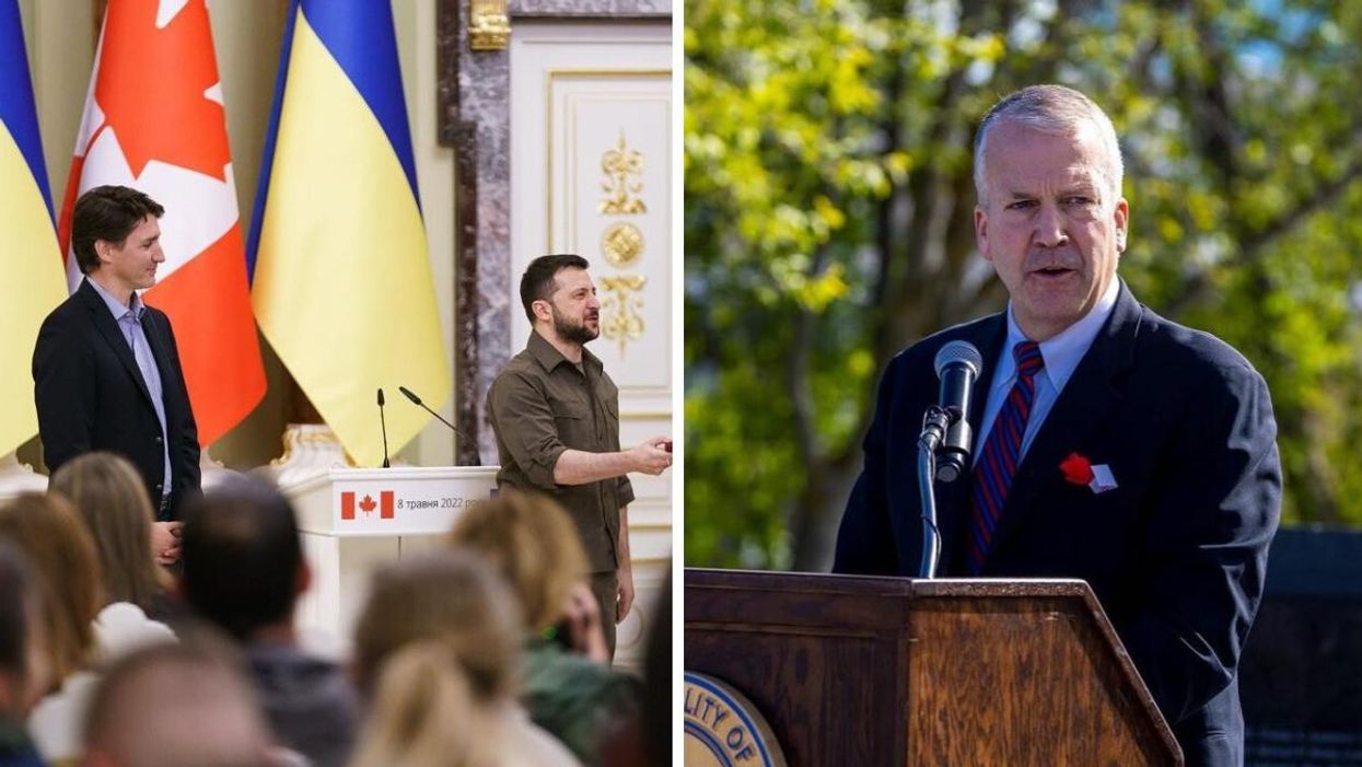 Justin Trudeau with Volodymyr Zelenskyy in Ukraine. Right: Alaska Senator Dan Sullivan.
