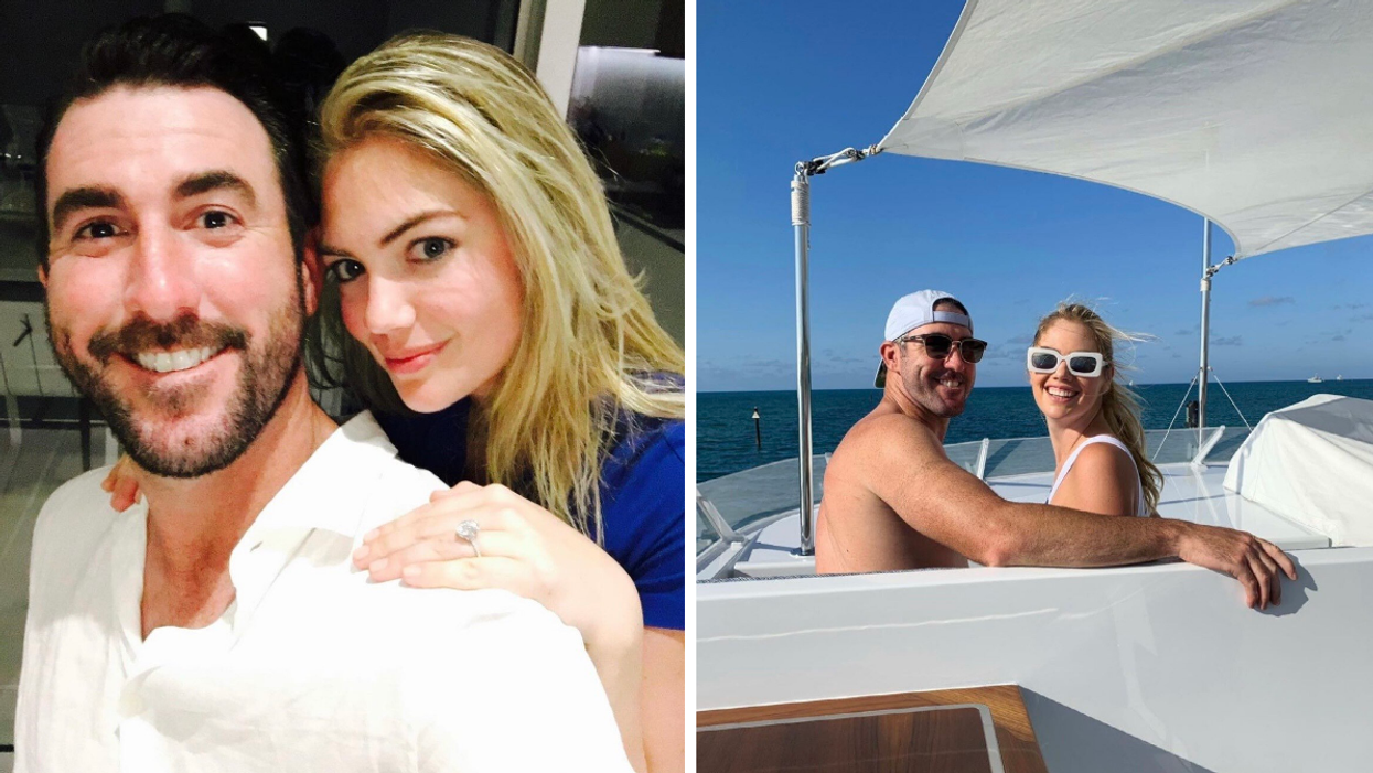 Justin Verlander in a white shirt and Kate Upton in a blue shirt. Right: Verlander and Upton on a boat.