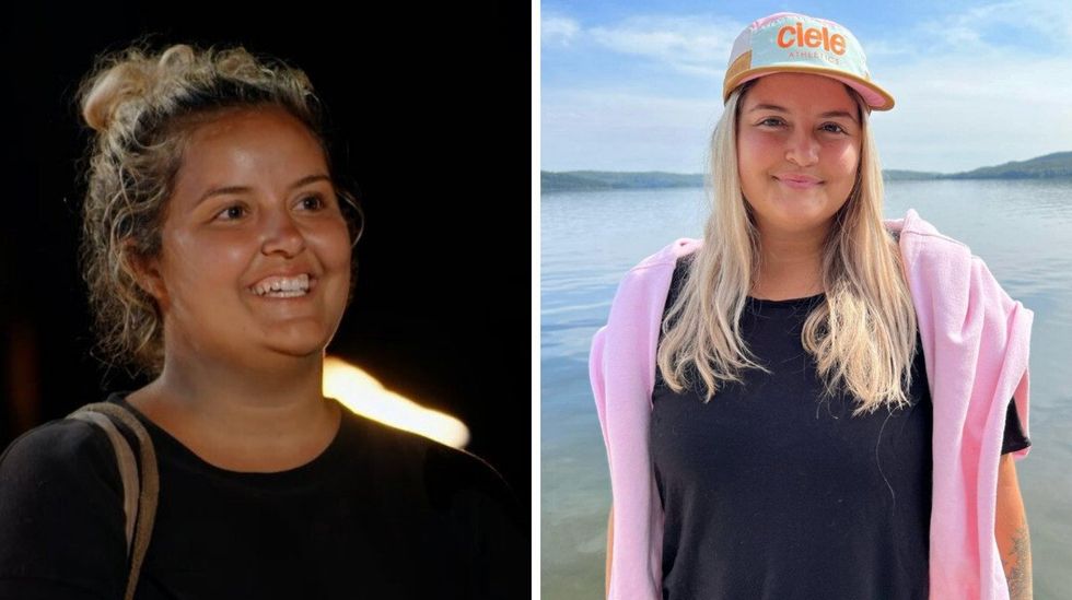 Justine Turpin souriant en regardant au loin. Droite : Justine Turpin se tenant devant un lac.