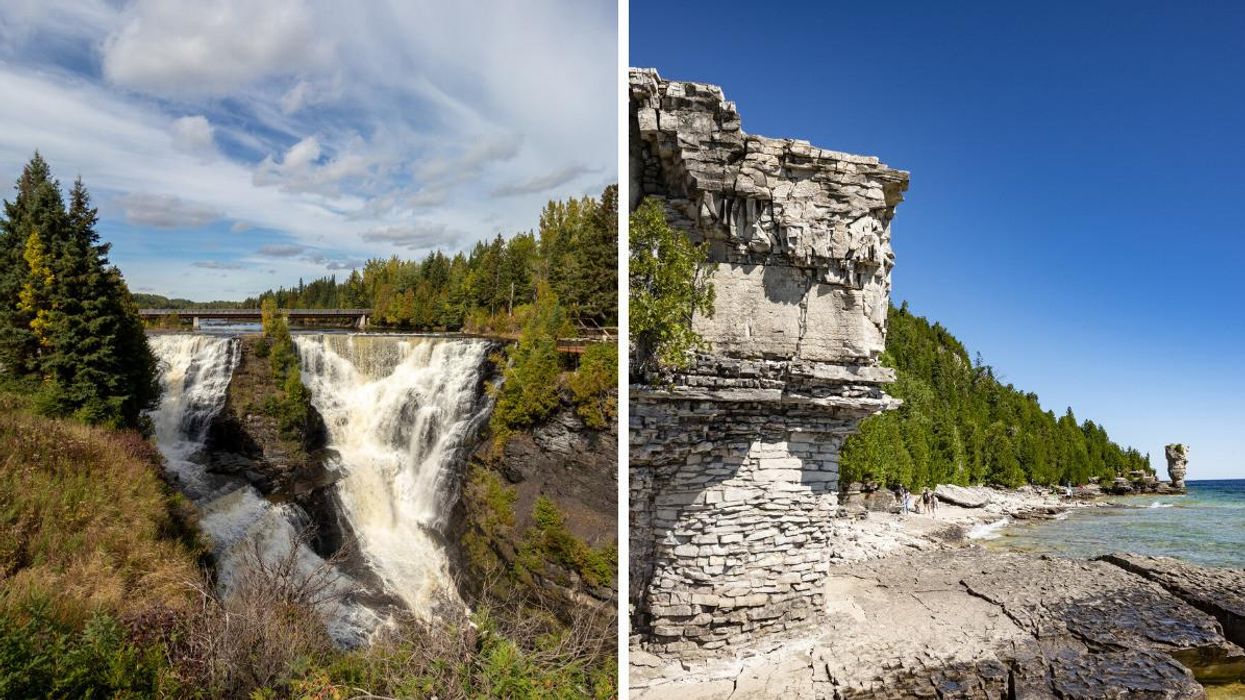 Kakabeka Falls. Right: Flowerpot Island coastal rock formation.