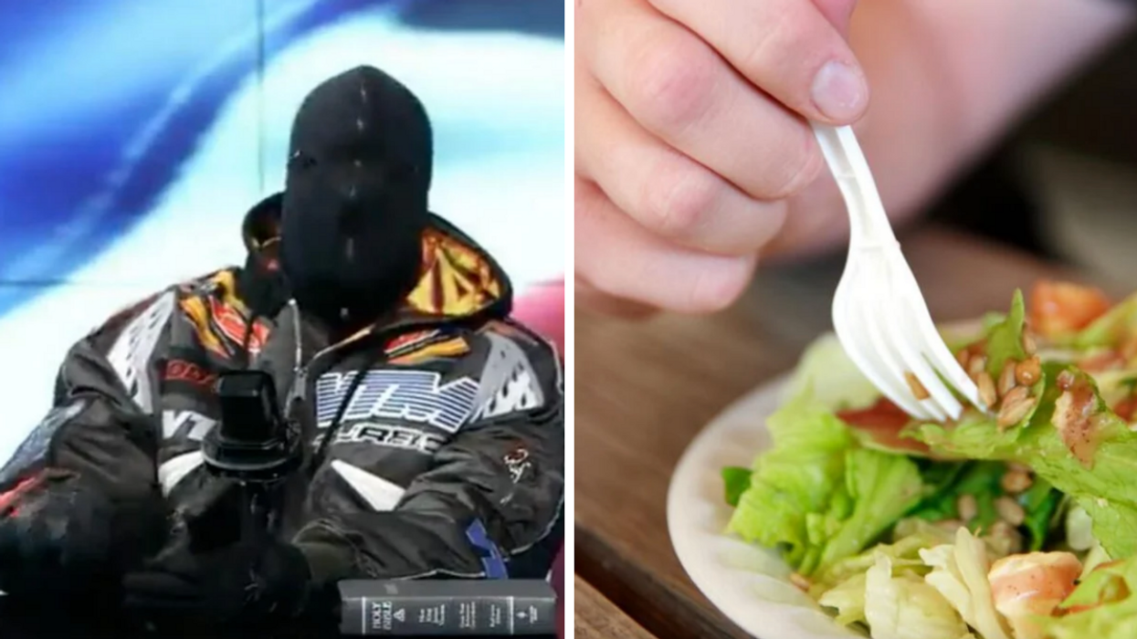 Kanye West in a mask on a talk show appearance. Right: A plastic fork over a plate of salad.