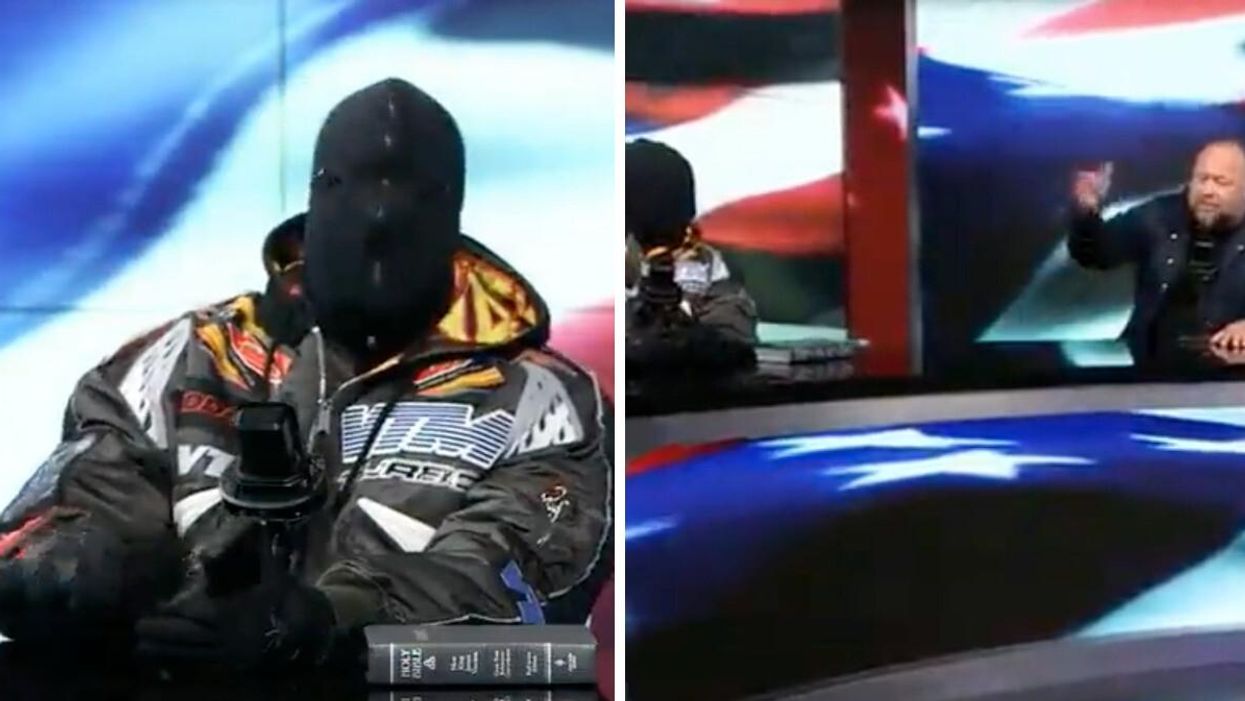 Kanye West in a mask. Right: Kanye West and Alex Jones on InfoWars.