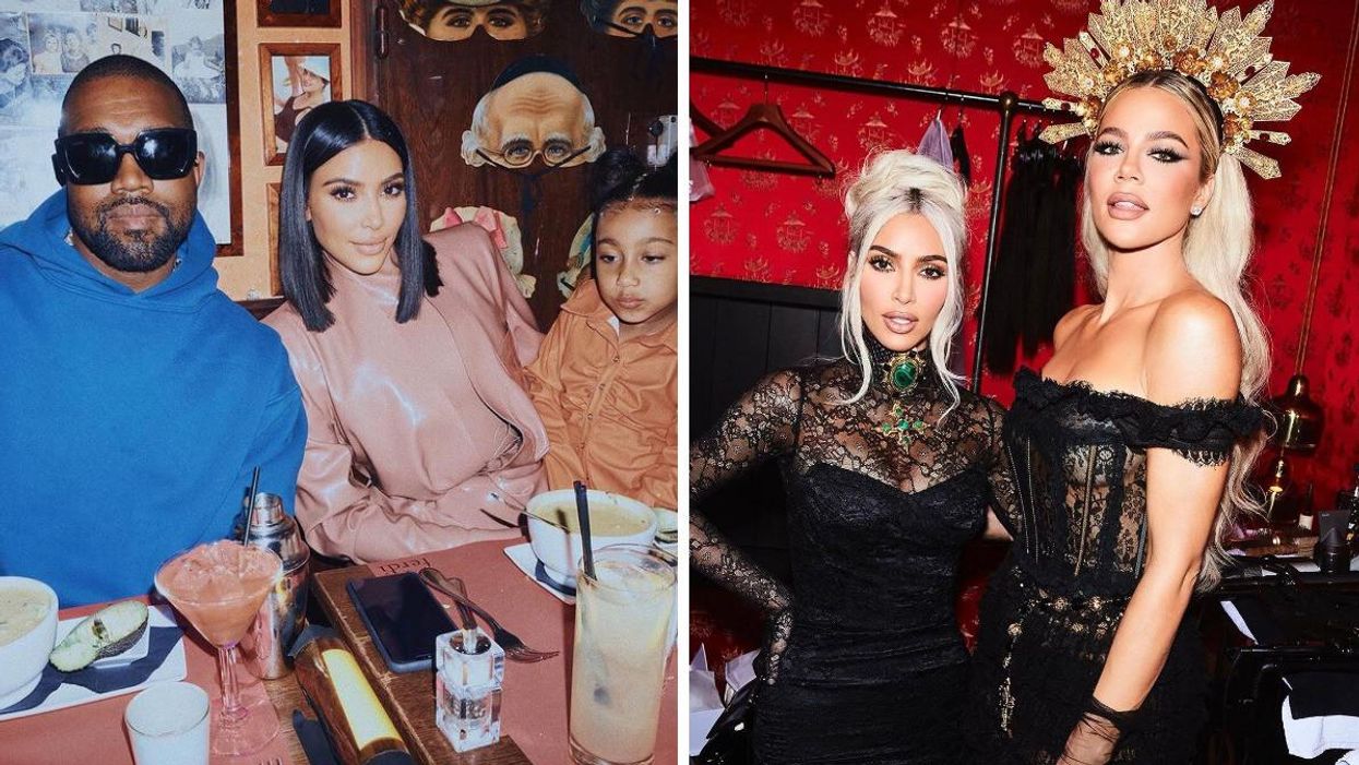 Kanye West, Kim Kardashian and North West. Right: Kim Kardashian and Khloe Kardashian.