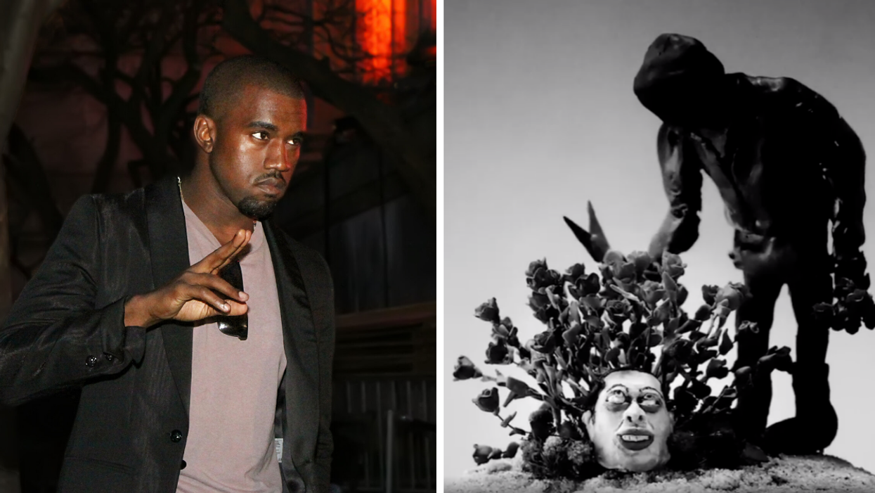 Kanye West. Right: A Clip from West's new video "Eazy."