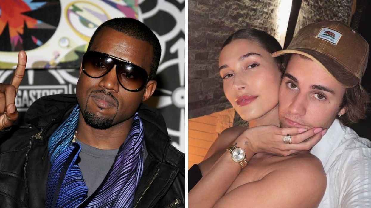 Kanye West. Right: Hailey and Justin Bieber.