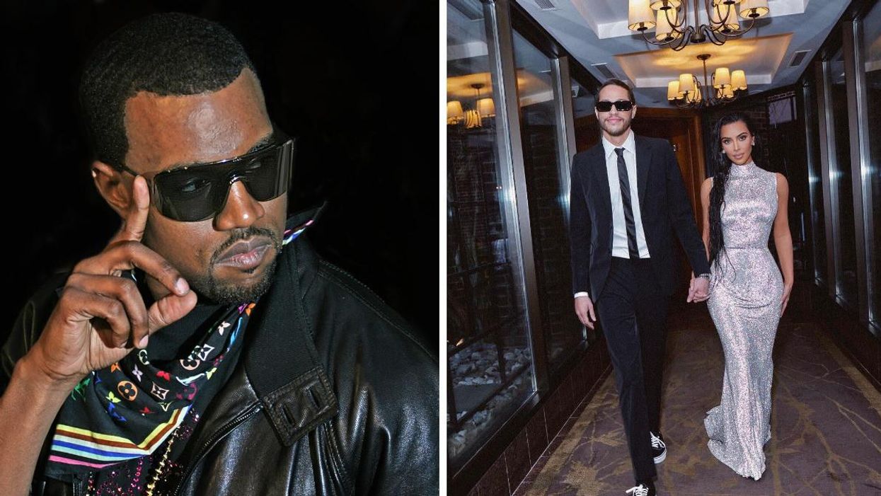 Kanye West. Right: Pete Davidson and Kim Kardashian holding hands.