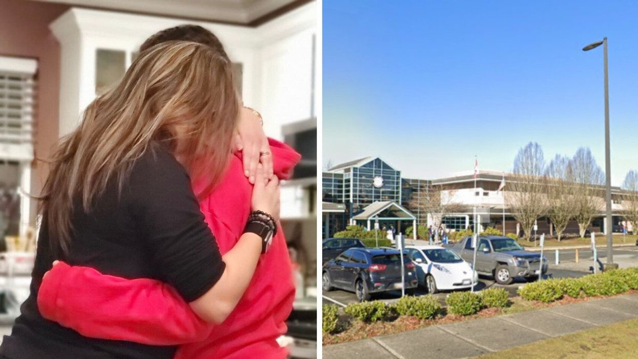 Karen Habashi hugging her daughter. Right: Walnut Grove Secondary School in B.C.