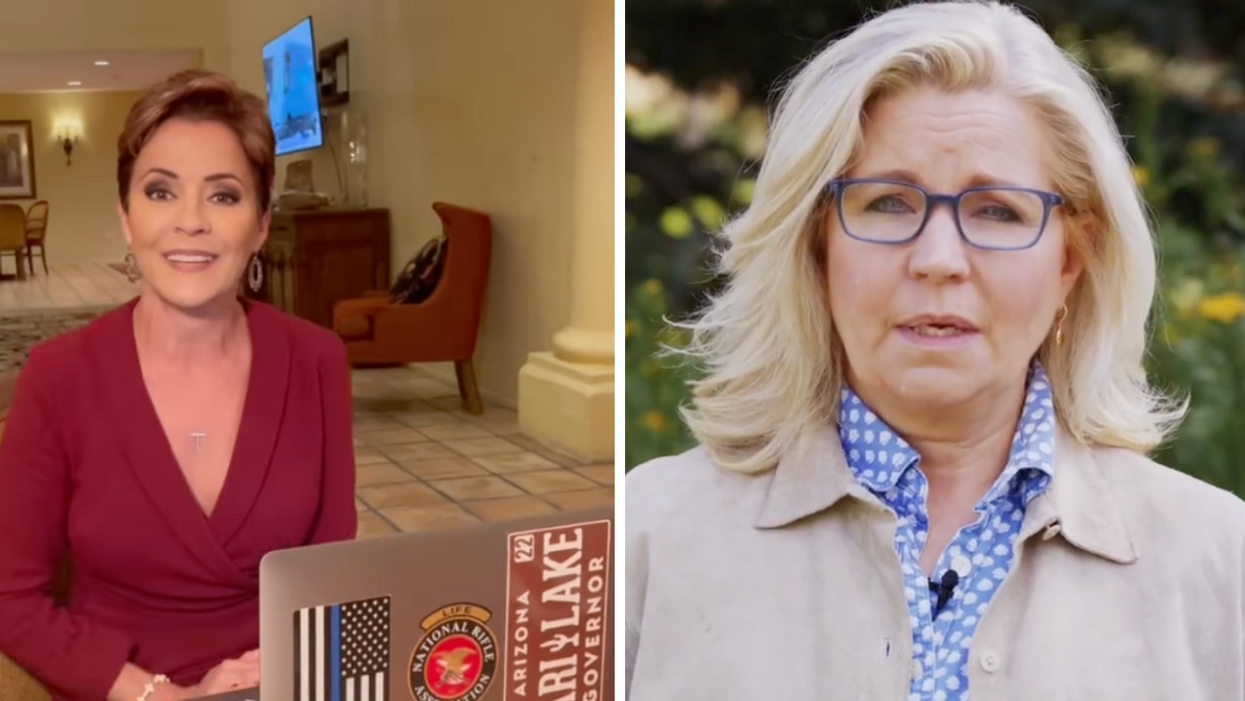 Kari Lake behind a computer. Right: Liz Cheney talking to a video.