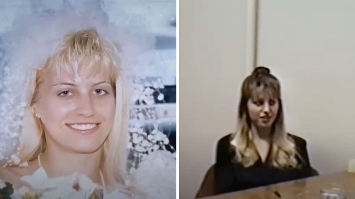 Karla Homolka on her wedding day. Right: Karen Homolka being interview by investigators.