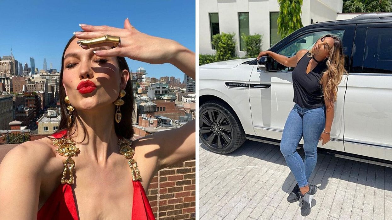 Karlie Kloss taking a selfie. Right: Serena Willians next to a vehicle.