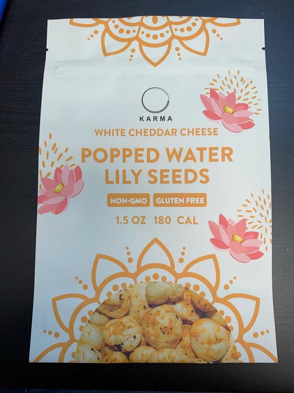 Karma's recalled White Cheddar Cheese Popped Water Lily Seeds.