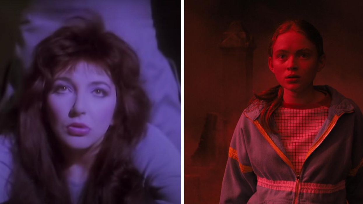 Kate Bush in the music video for 'Running Up That Hill.' Right: Max from Stranger Things.