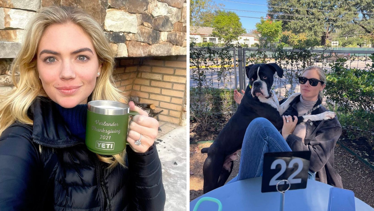 Kate Upton holding a green coffee cup. Right: Upton in sunglasses and a jacket holding a Boxer.