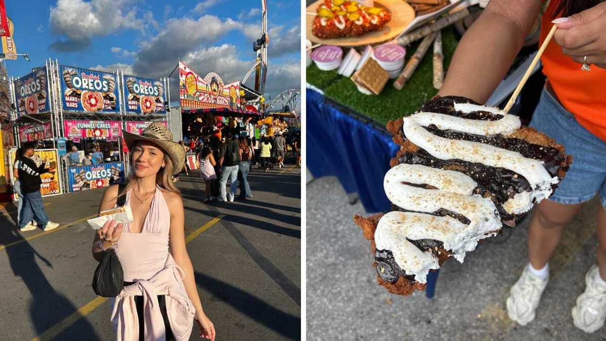 Katherine at the CNE in 2025. Right: S'mores Deep-Fried Pizza Slice.