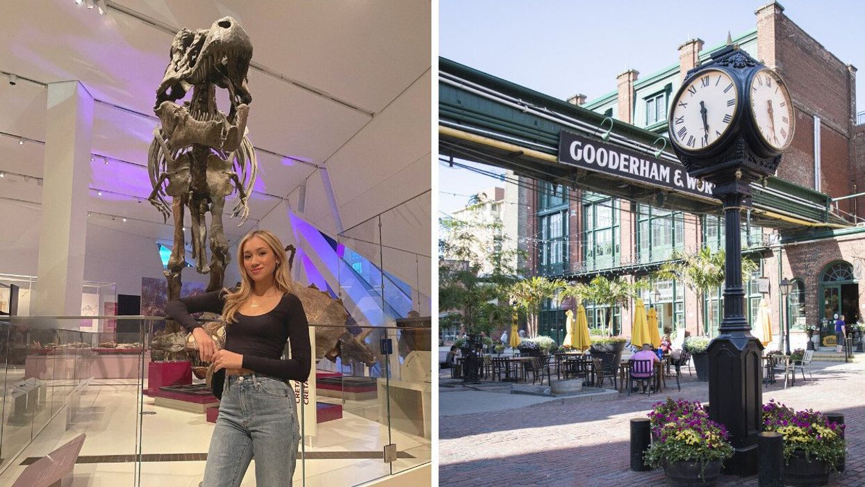 Katherine at the Royal Ontario Museum. Right: The Distillery District in Toronto.