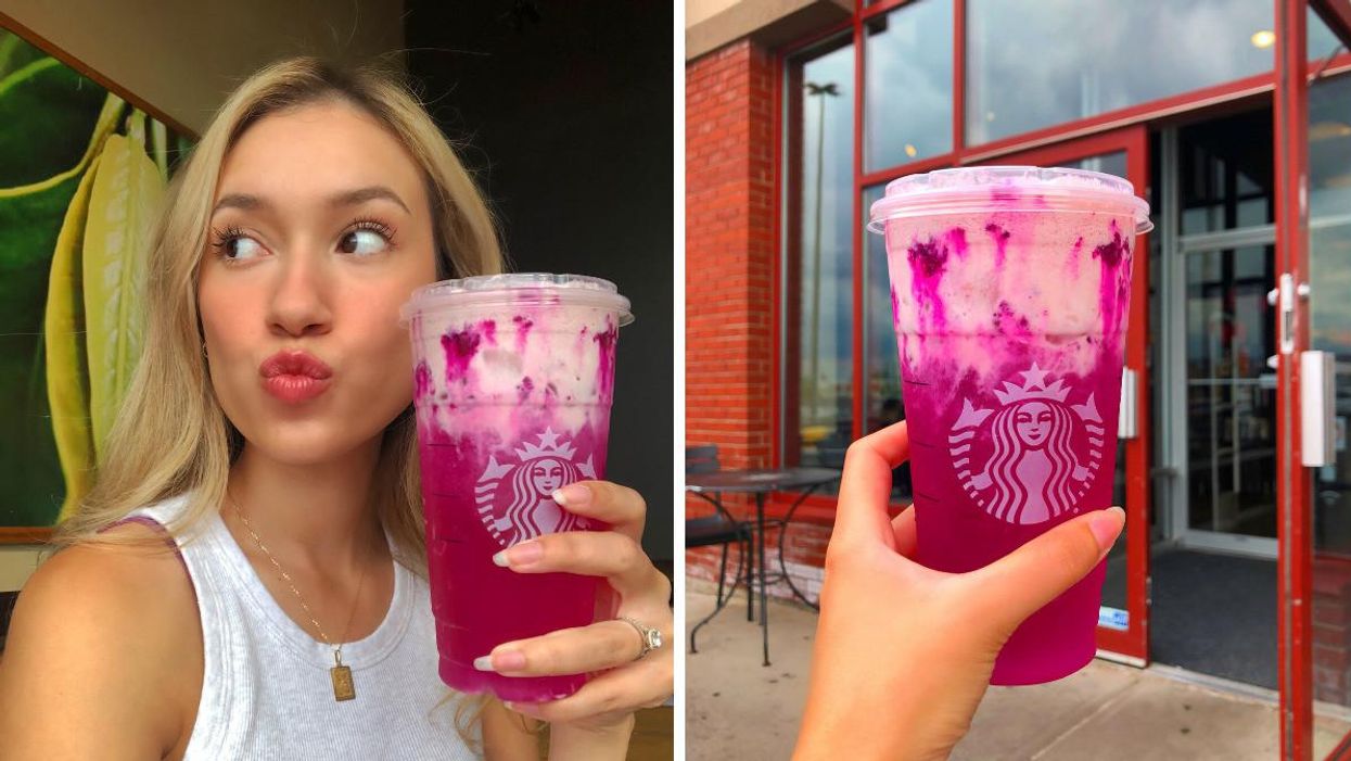Katherine Caspersz holding a Starbucks refresher. Right: A Starbucks refresher. 