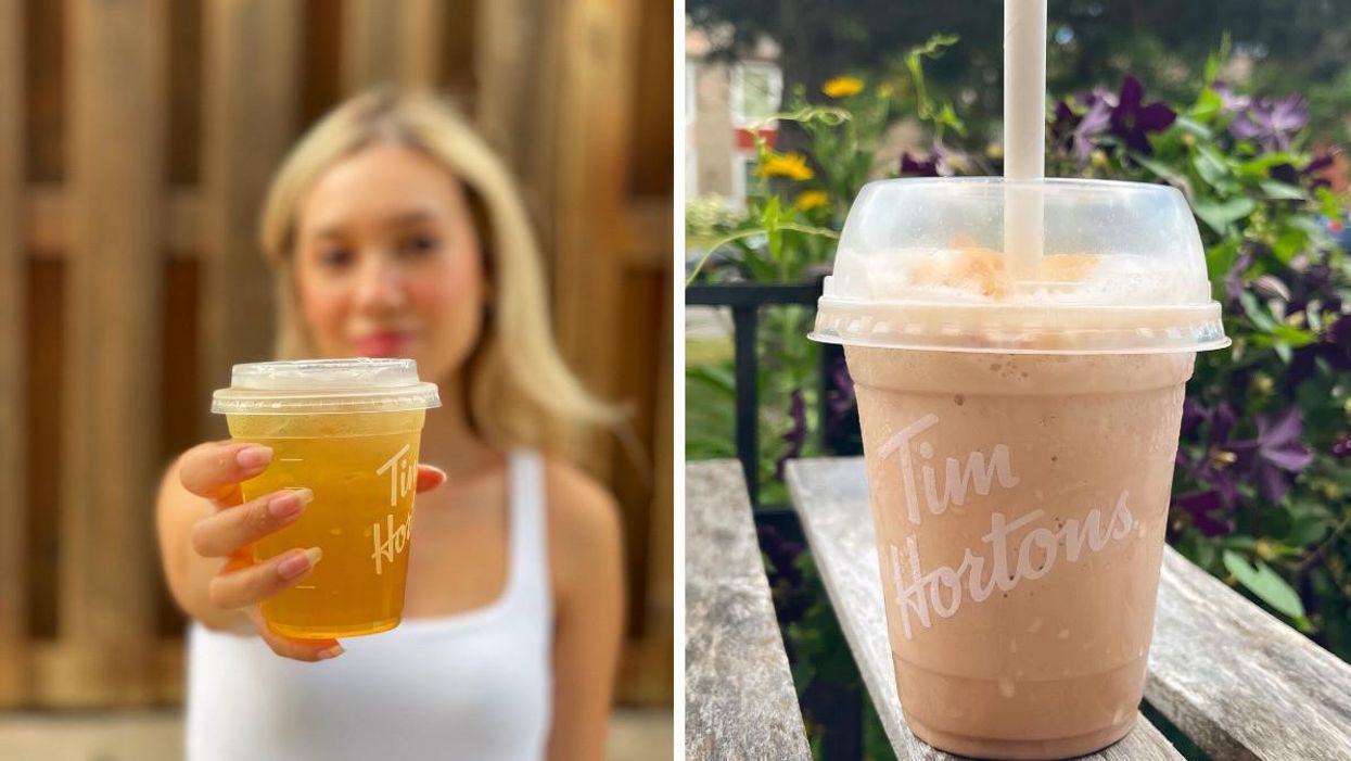 Katherine Caspersz holding Tim Hortons' Brewed Iced Tea Quencher. Right: Tim Hortons' Hershey's S'mores Creamy Chill.