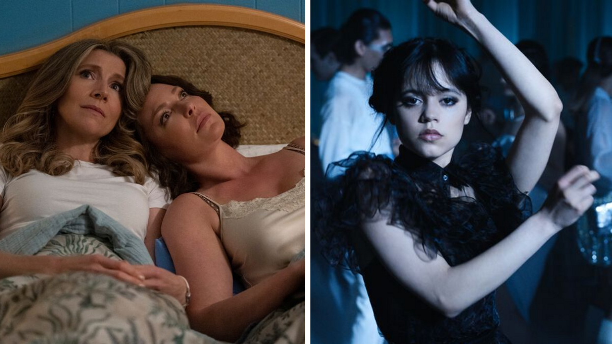 Katherine Heigl and Sarah Chalke in 'Firefly Lane'. Right: Jenna Ortega as Wednesday Addams.