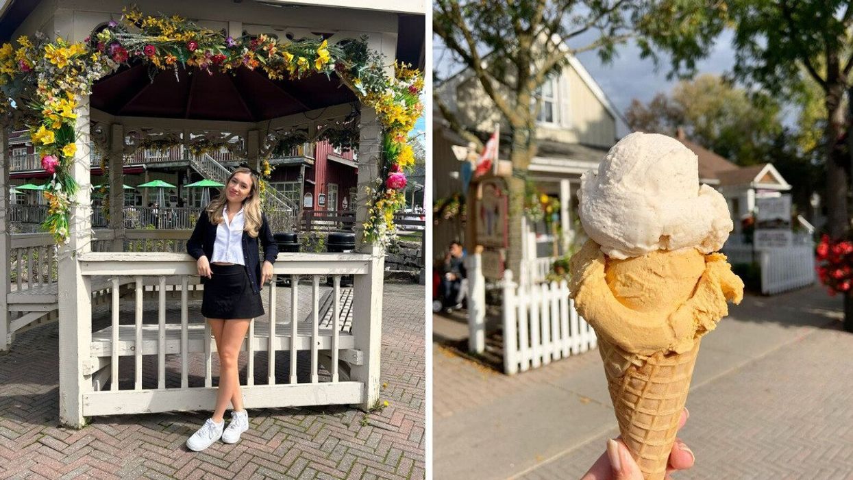 Katherine in a small town in Ontario. Right: A person holds an ice cream cone.