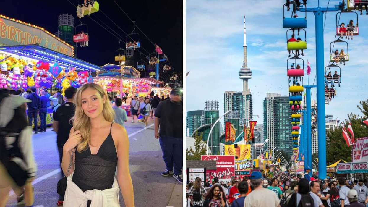 Katherine in the midway at the CNE. Right: RIdes and games on the midway at the CNE.