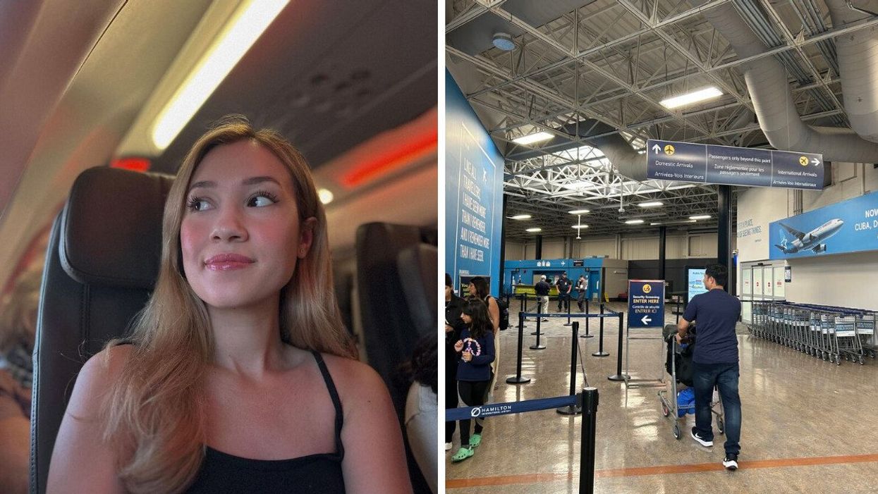 Katherine on a Play Airlines flight departing from Hamilton. Right: Hamilton International Airport.