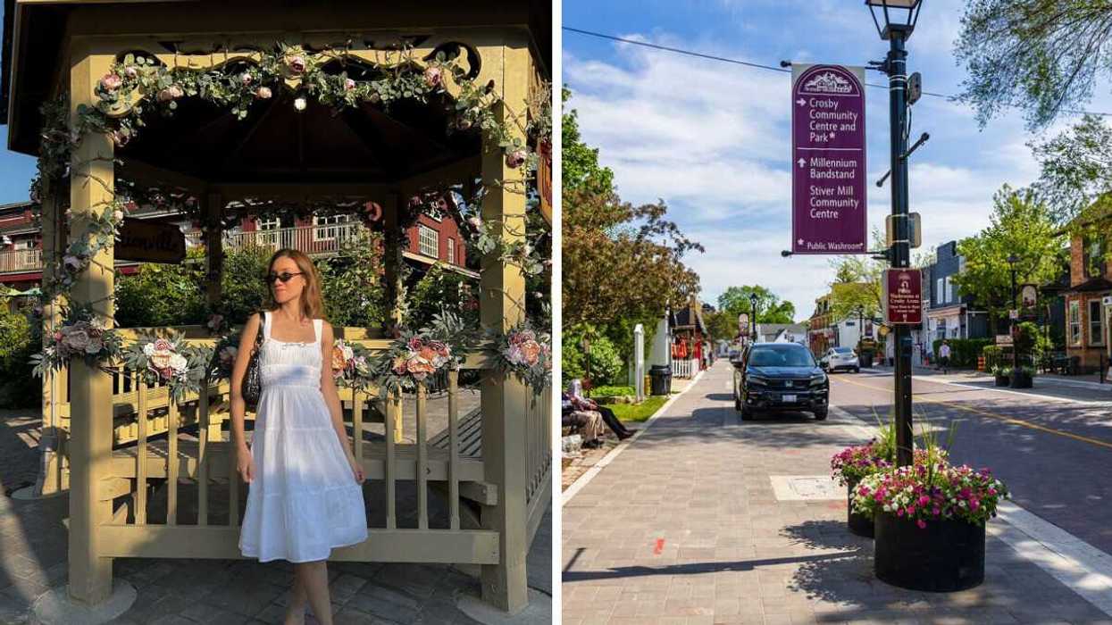 Katherine poses by a gazebo in a town in Ontario. Right: A street in a town in Ontario.