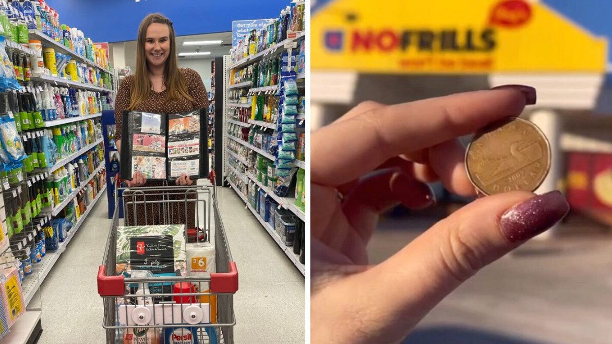 Kathleen Cassidy with a cart full of groceries. Right: A video from Kathleen's Living On A Loonie social media platofrm.