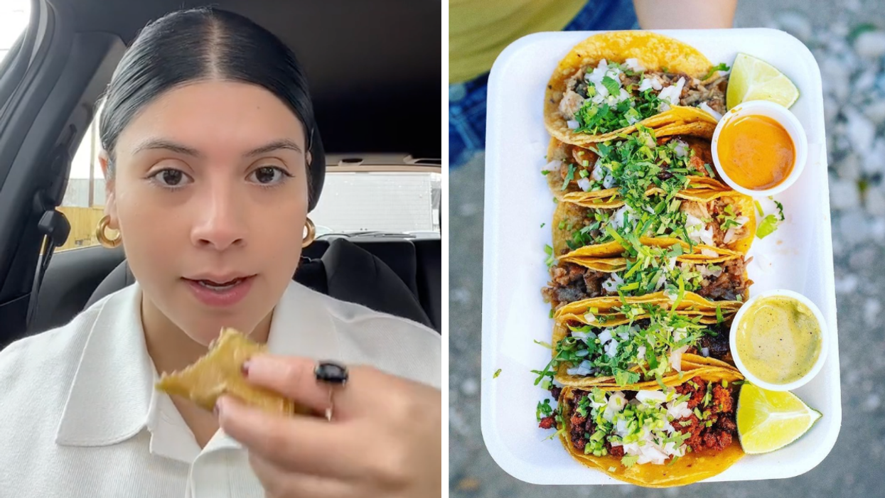 Katia in a white shirt holding a taco. Right: A plate of tacos.